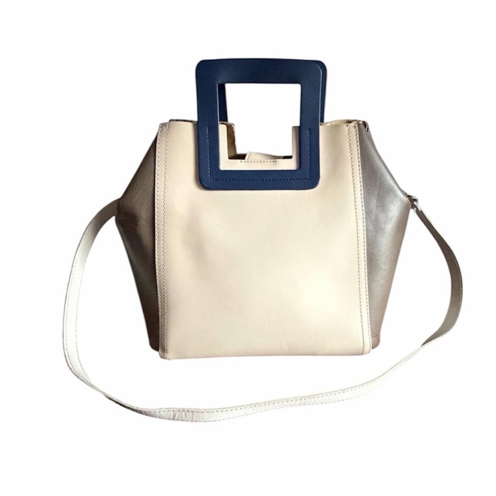 Womens Cream & Taupe Leather Tote with Navy Handle